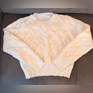 Cream Pearl-Embellished Cable Knit Sweater